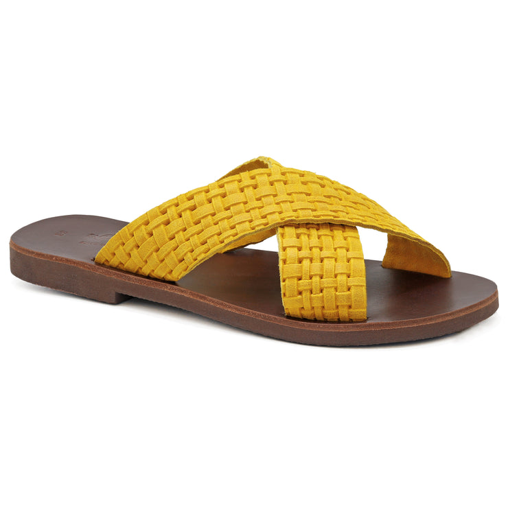 Greek Leather Yellow Suede Slide Cross Strap Sandals "Knossos" - EMMANUELA handcrafted for you®