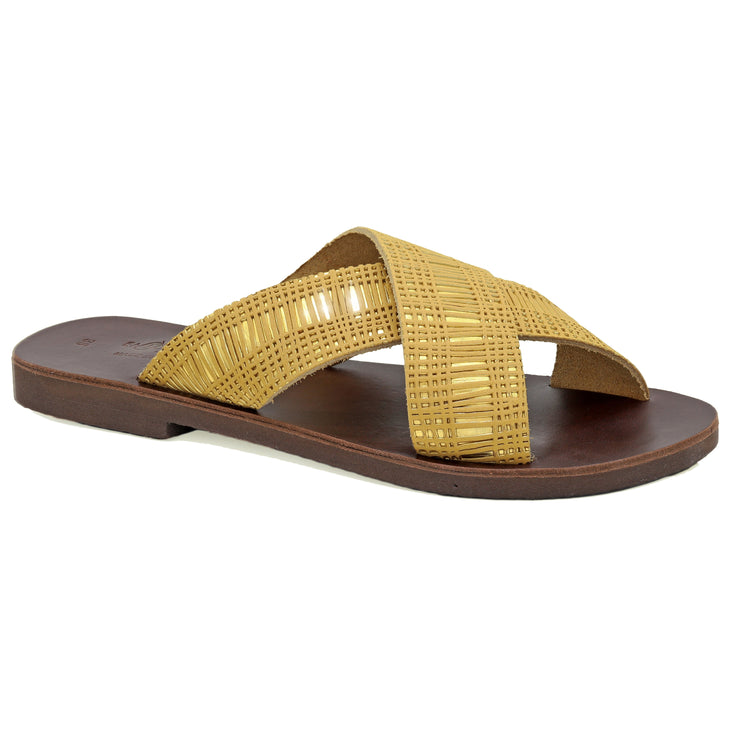 Greek Leather Gold Slide Cross Strap Sandals "Knossos" - EMMANUELA handcrafted for you®