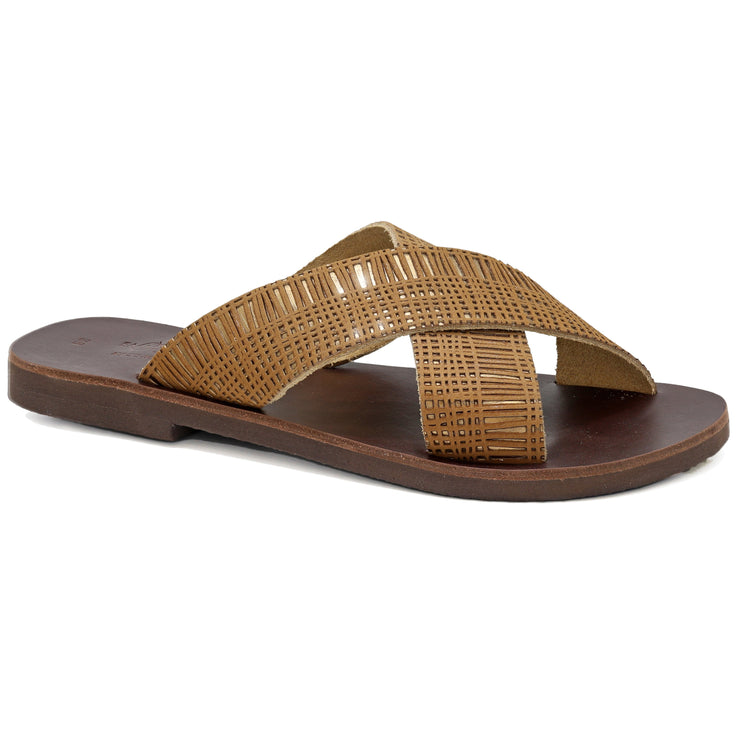 Greek Leather Bronze Slide Cross Strap Sandals "Knossos" - EMMANUELA handcrafted for you®