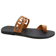 Greek Leather Brown Toe Ring Sandals with Meanders "Antiparos" - EMMANUELA handcrafted for you®