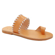 Greek Leather Natural-White Leathe Toe Ring Sandals with Contrast Stiches "Poros" - EMMANUELA handcrafted for you®