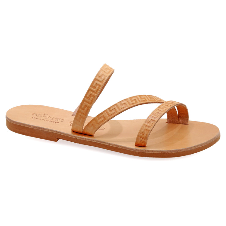 Greek Leather Beige Slide on Meander Sandals "Serifos" - EMMANUELA handcrafted for you®