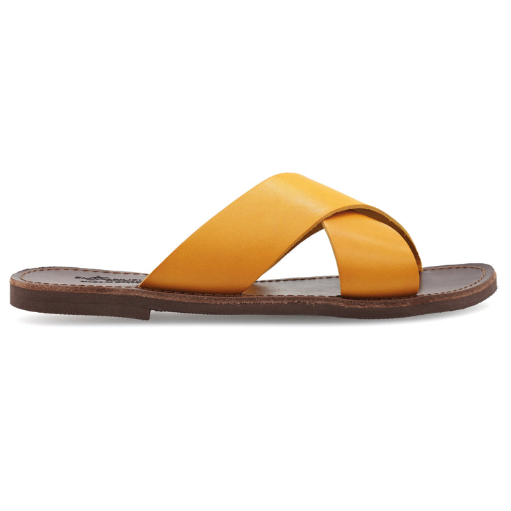 Greek Leather Mustard Slide on Cross Strap Sandals "Skopelos" - EMMANUELA handcrafted for you®