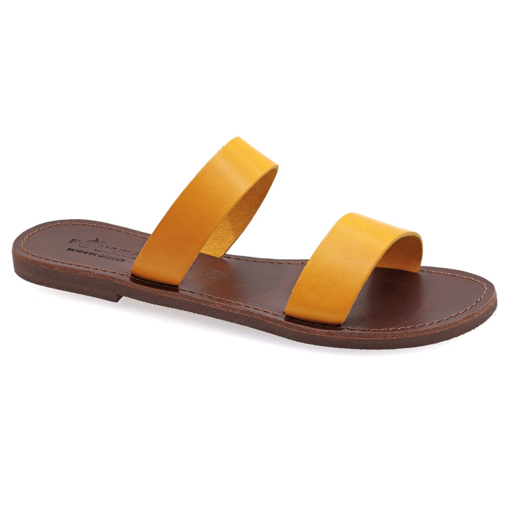 Greek Leather Mustard Slide on Strappy Sandals "Milos" - EMMANUELA handcrafted for you®