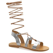 Greek Leather Silver Knee High Tie up Gladiator Sandals "Nyx" - EMMANUELA handcrafted for you®