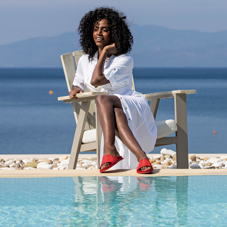 Greek Leather Red Slide on Straw Sandals with Arch Support "Dike" - EMMANUELA handcrafted for you®