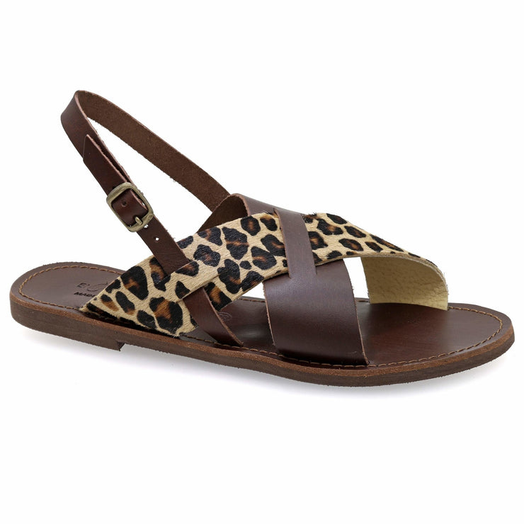 Greek Leather Leopard Ankle Strap Crocodile Sandals "Alethea" - EMMANUELA handcrafted for you®