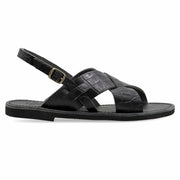 Greek Leather Black Croco Ankle Strap Crocodile Sandals "Alethea" - EMMANUELA handcrafted for you®