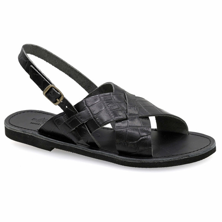 Greek Leather Black Croco Ankle Strap Leopard Sandals "Alethea" - EMMANUELA handcrafted for you®