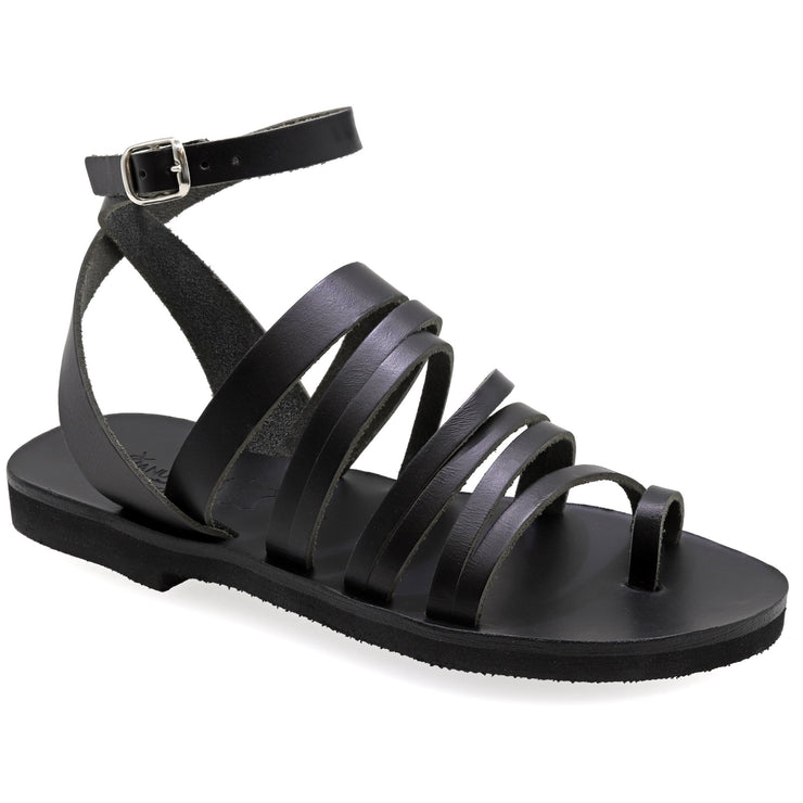 Greek Leather Black Ankle Strap Toe Ring Sandals "Artemis" - EMMANUELA handcrafted for you®