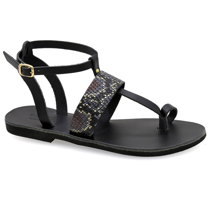 Greek Leather Black Snake Ankle Strap Toe Ring Sandals "Selene" - EMMANUELA handcrafted for you®