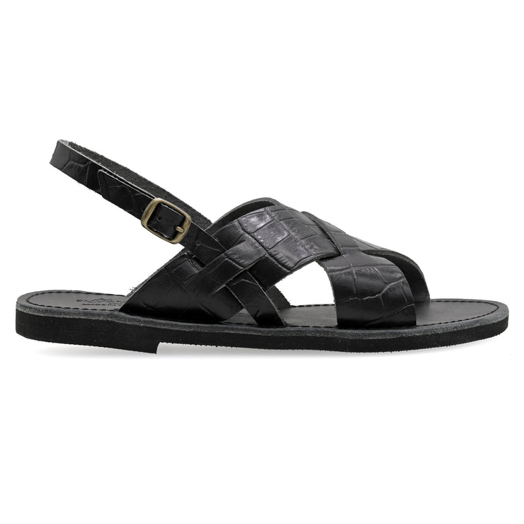 Greek Leather Black Croco Ankle Strap Zebra Sandals "Alethea" - EMMANUELA handcrafted for you®