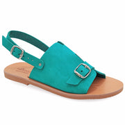 Greek Leather Turquoise Buckle Strap Peep Toe Sandals "Euphrosyne" - EMMANUELA handcrafted for you®