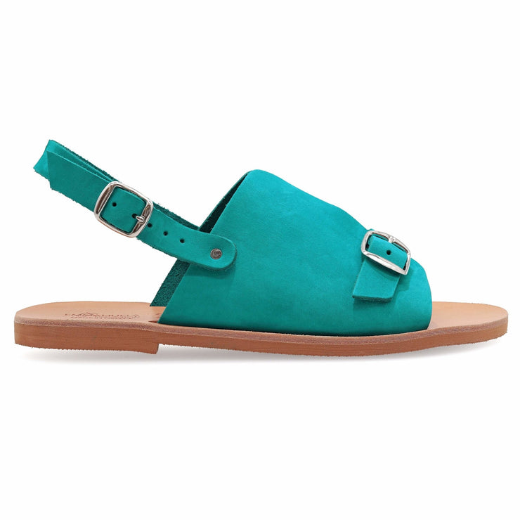 Greek Leather Turquoise Buckle Strap Peep Toe Sandals "Euphrosyne" - EMMANUELA handcrafted for you®