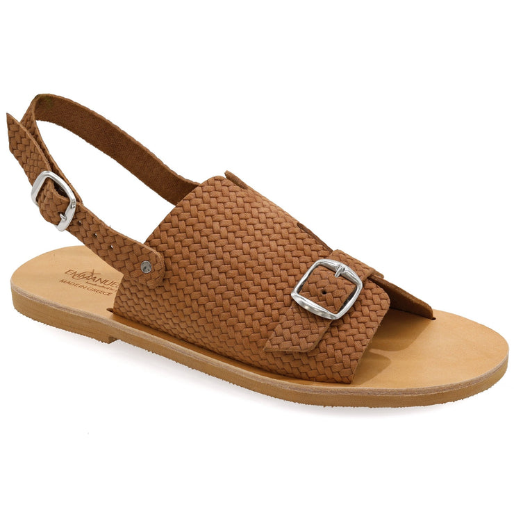 Greek Leather Weaved Brown Buckle Strap Peep Toe Sandals "Euphrosyne" - EMMANUELA handcrafted for you®