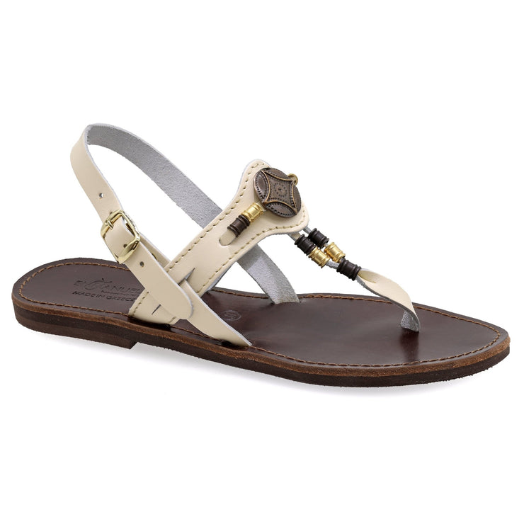 Greek Leather Off-White Buckle Strap Thong Sandals "Urania" - EMMANUELA handcrafted for you®