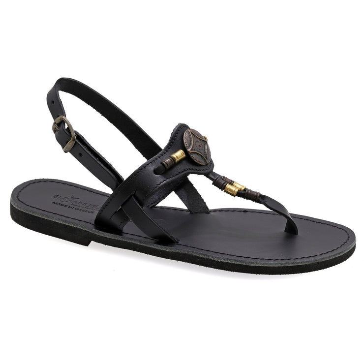 Greek Leather Black Buckle Strap Thong Sandals "Urania" - EMMANUELA handcrafted for you®