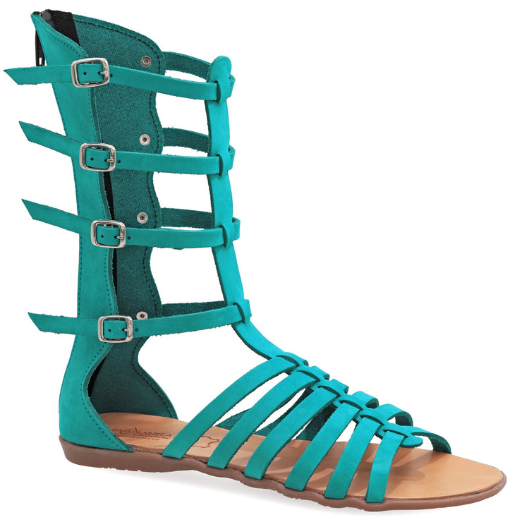 Greek Leather Turquoise Calf High Gladiator Boot Sandals with zippers "Briseis" - EMMANUELA handcrafted for you®