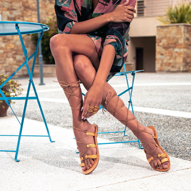 Greek Leather Brown Calf High Tie up Gladiator Sandals "Alcinoe" - EMMANUELA handcrafted for you®