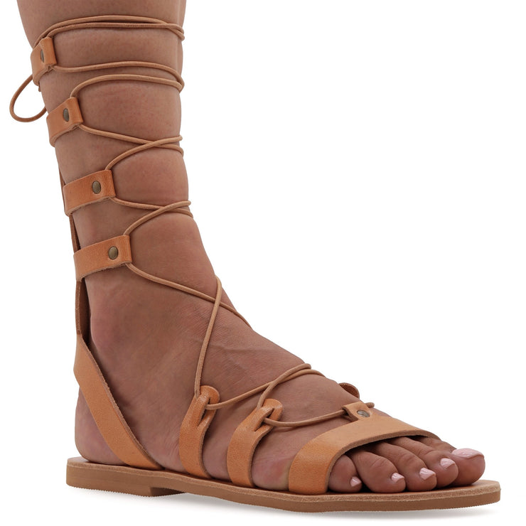 Greek Leather Beige Calf High Tie up Gladiator Sandals "Anastasia" - EMMANUELA handcrafted for you®