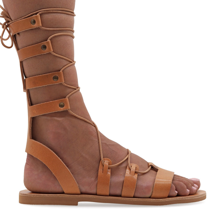 Greek Leather Silver Calf High Tie up Gladiator Sandals "Anastasia" - EMMANUELA handcrafted for you®