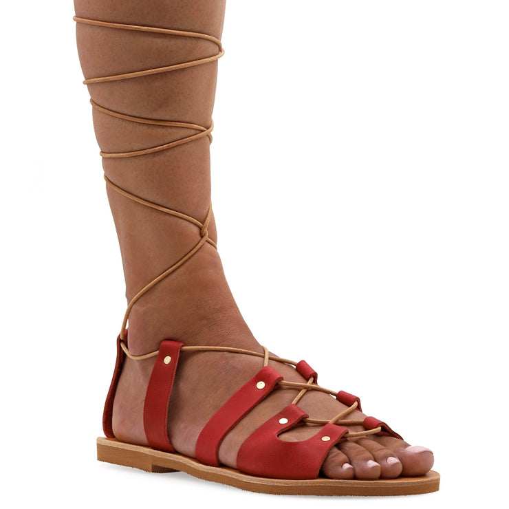 Greek Leather Coral Calf High Tie up Gladiator Sandals "Paxi" - EMMANUELA handcrafted for you®