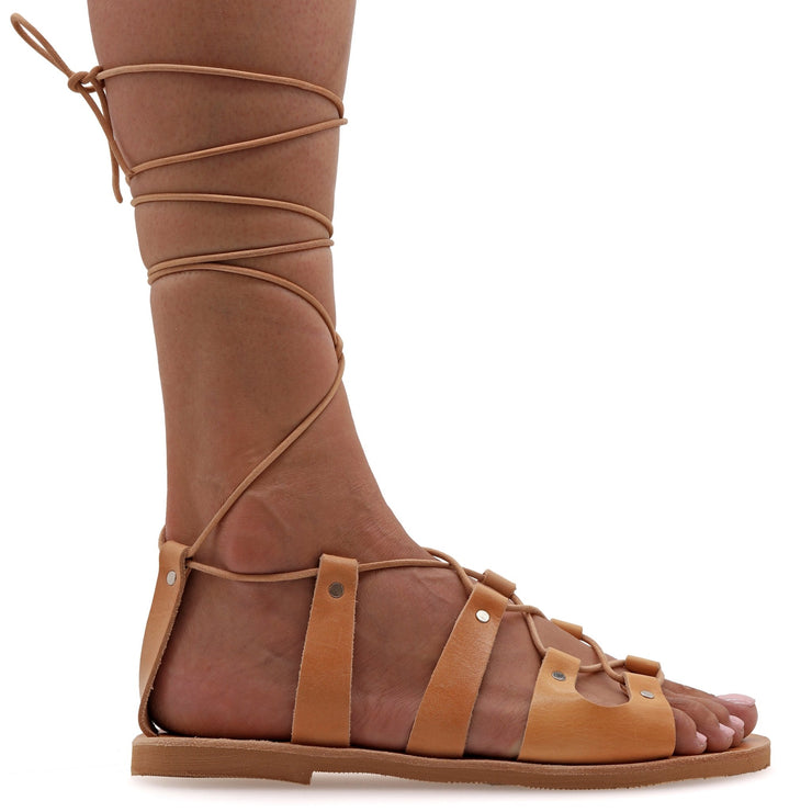 Greek Leather Turquoise Calf High Tie up Gladiator Sandals "Paxi" - EMMANUELA handcrafted for you®