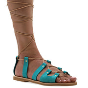 Greek Leather Turquoise Calf High Tie up Gladiator Sandals "Paxi" - EMMANUELA handcrafted for you®