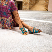 Greek Leather Turquoise Calf High Tie up Gladiator Sandals "Paxi" - EMMANUELA handcrafted for you®