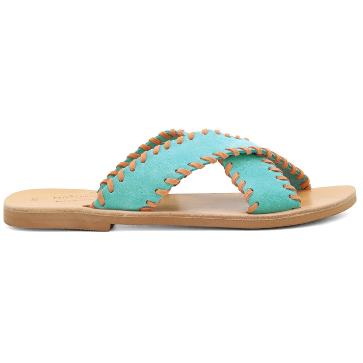 Greek Leather Turquoise-White Cross Strap Sandals with Contrast Stiches "Alcestis" - EMMANUELA handcrafted for you®