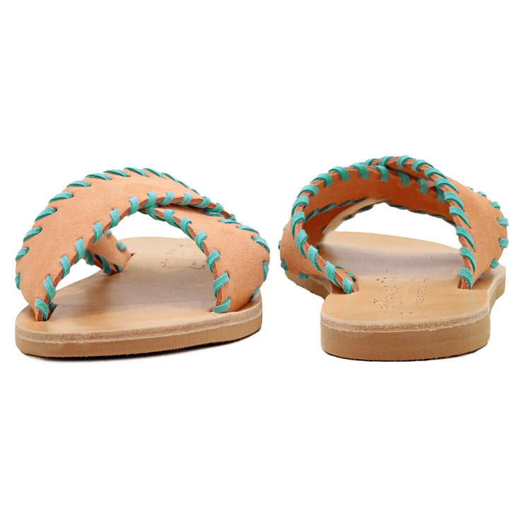 Greek Leather Salmon-Turquoise Cross Strap Sandals with Contrast Stiches "Alcestis" - EMMANUELA handcrafted for you®