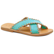 Greek Leather Turquoise-Salmon Cross Strap Sandals with Contrast Stiches "Alcestis" - EMMANUELA handcrafted for you®