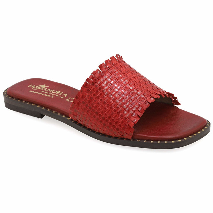 Greek Leather Red Cushioned Insole Straw Sandals "Leda" - EMMANUELA handcrafted for you®
