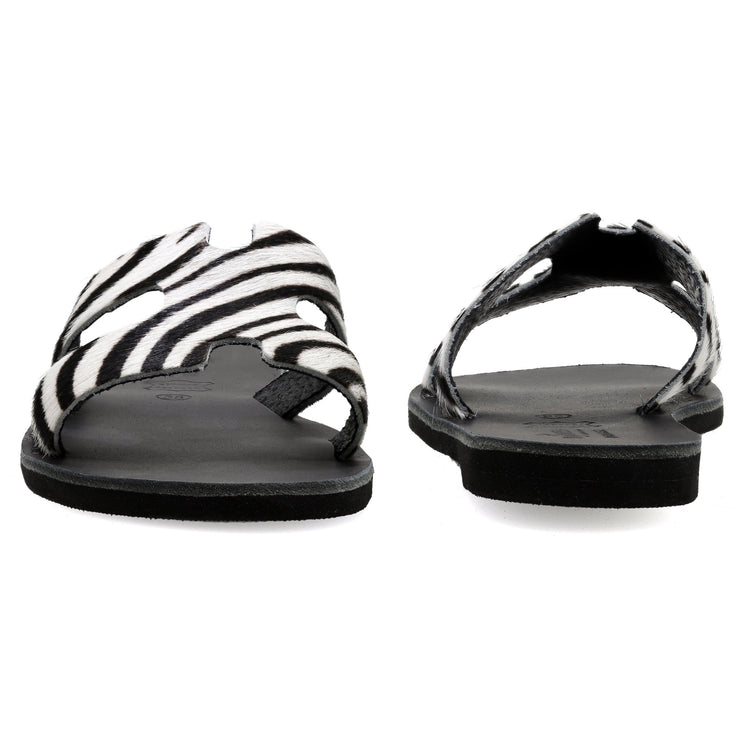 Greek Leather Off White H-Band Leopard Sandals "Andromeda" - EMMANUELA handcrafted for you®