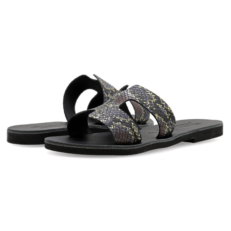 Greek Leather Off White H-Band Leopard Sandals "Andromeda" - EMMANUELA handcrafted for you®