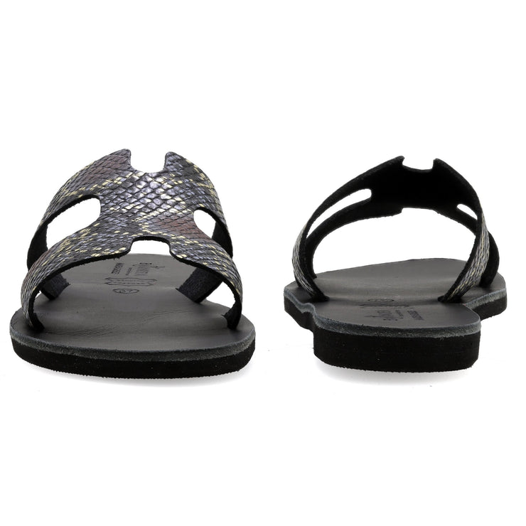 Greek Leather Off White H-Band Leopard Sandals "Andromeda" - EMMANUELA handcrafted for you®