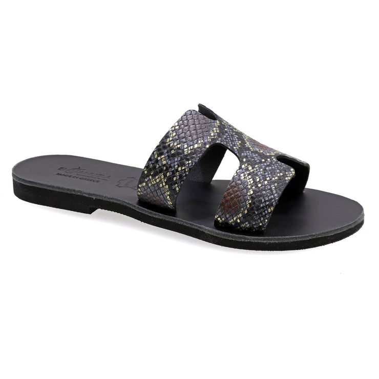 Greek Leather Black Snake Print H-Band Leopard Sandals "Andromeda" - EMMANUELA handcrafted for you®