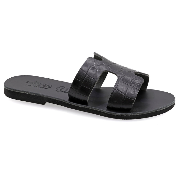 Greek Leather Black Croco Print H-Band Sandals "Andromeda" - EMMANUELA handcrafted for you®