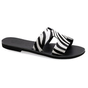 Greek Leather Pony Skin H-Band Zebra Sandals "Andromeda" - EMMANUELA handcrafted for you®