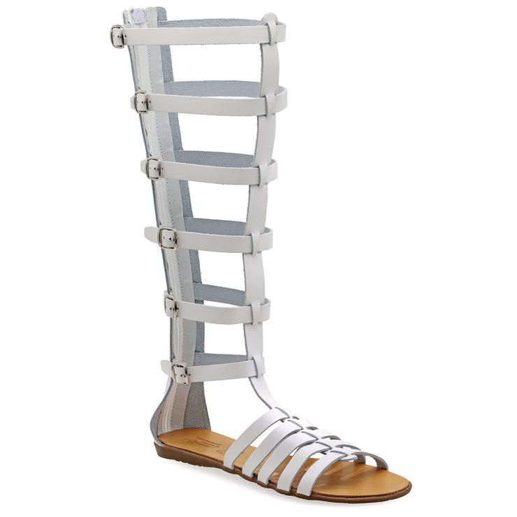 Greek Leather White Knee High Gladiator Boot Sandals with zippers "Nephele" - EMMANUELA handcrafted for you®