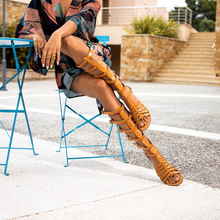 Greek Leather Black Knee High Gladiator Boot Sandals with zippers "Nephele" - EMMANUELA handcrafted for you®