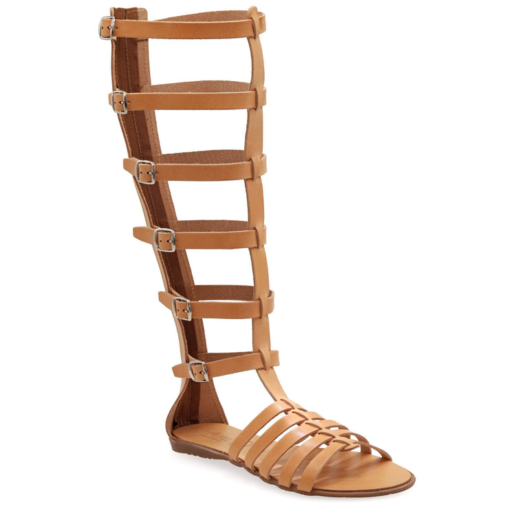 Greek Leather Beige Knee High Gladiator Boot Sandals with zippers "Nephele" - EMMANUELA handcrafted for you®