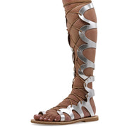 Greek Leather Silver Knee High Tie Up Gladiator Boot Sandals "Alethea" - EMMANUELA handcrafted for you®