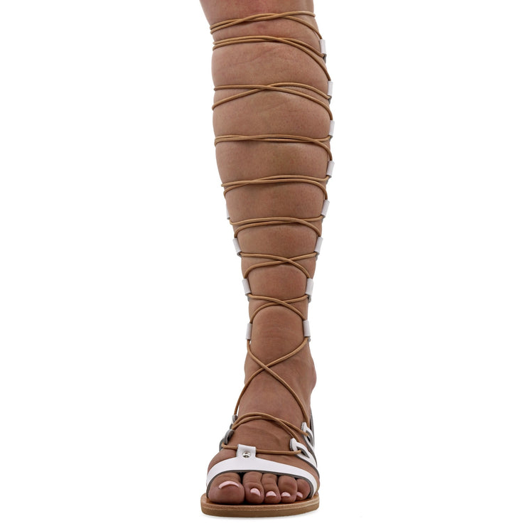 Greek Leather White Knee High Tie up Gladiator Sandals "Jocasta" - EMMANUELA handcrafted for you®