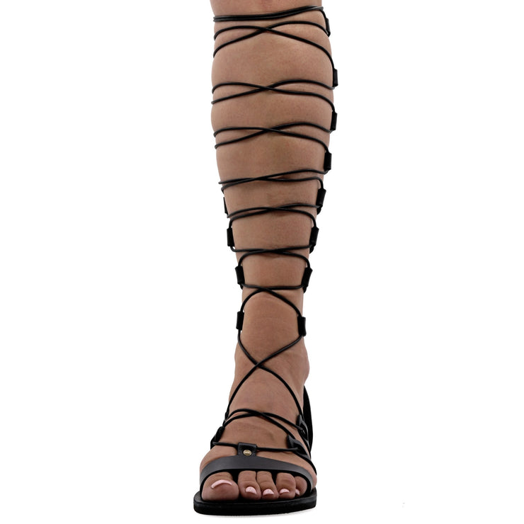 Greek Leather Black Knee High Tie up Gladiator Sandals "Jocasta" - EMMANUELA handcrafted for you®